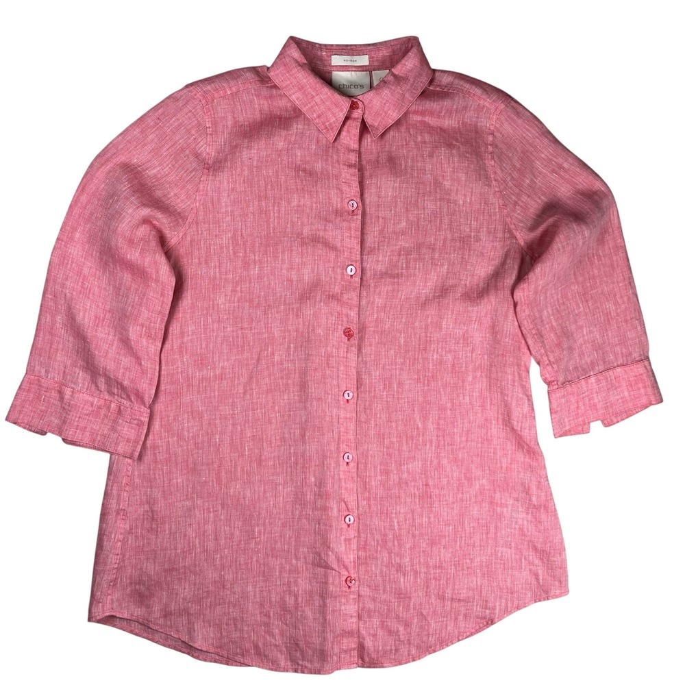 Chico's Women's Pink 100% Linen No Iron Button Up Collared Shirt Sz S (Chico 0)